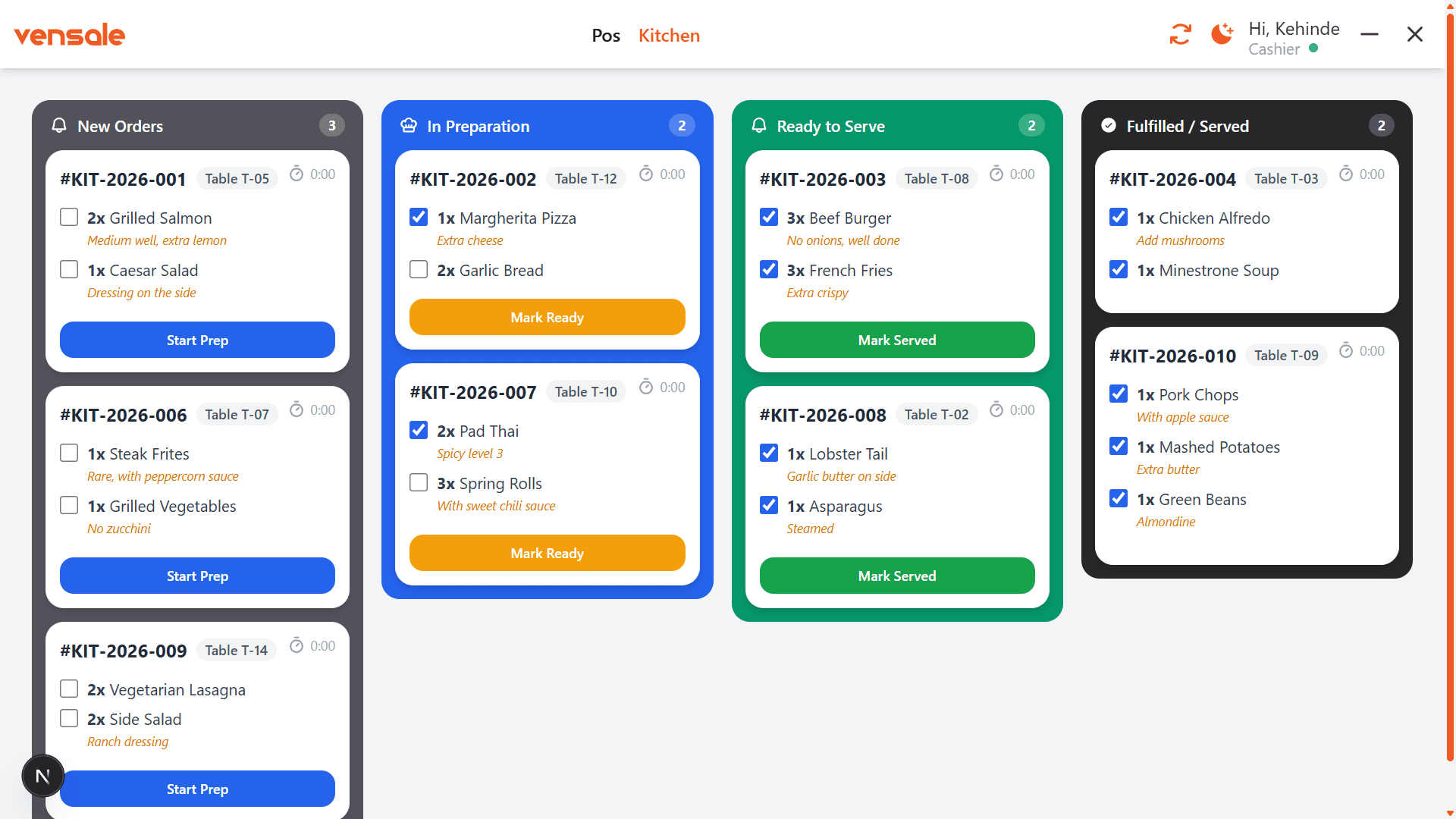 Vensale kitchen display screen showing incoming order tickets by status
